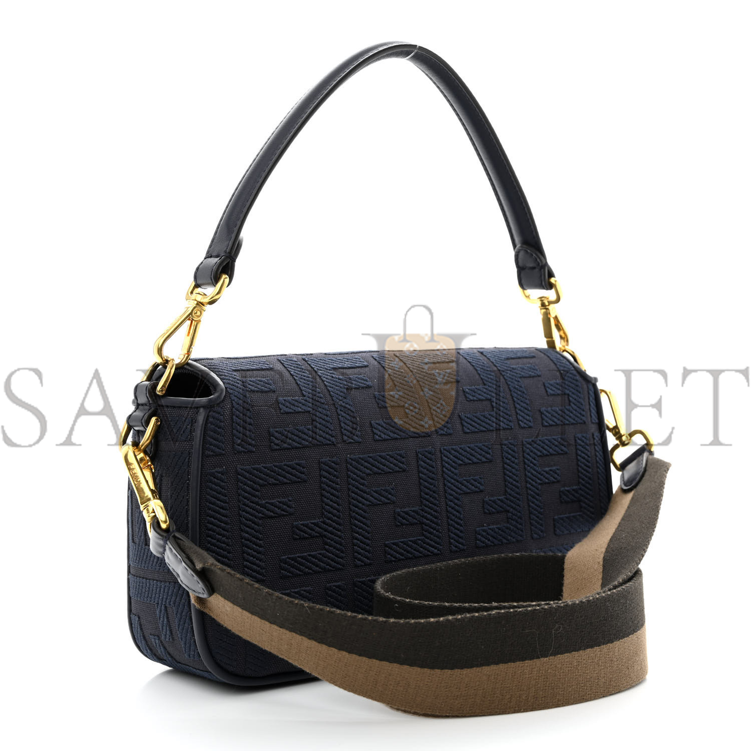 FENDI CANVAS VITELLO KING BI-COLOR STRAP FF EMBROIDERED BAGUETTE MIDNIGHT (27*16*6cm) FENDI CANVAS VITELLO KING BI-COLOR STRAP FF EMBROIDERED BAGUETTE MIDNIGHT (27*16*6cm)