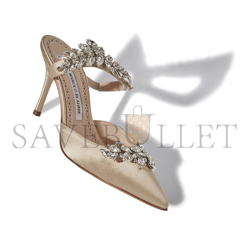 MANOLO BLAHNIK LURUMUS CHAMPAGNE SATIN CRYSTAL EMBELLISHED MULES 9XX-0362-0032 MANOLO BLAHNIK LURUMUS CHAMPAGNE SATIN CRYSTAL EMBELLISHED MULES 9XX-0362-0032