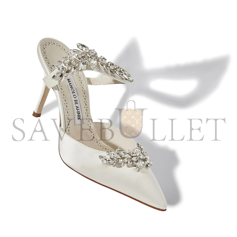 MANOLO BLAHNIK LURUMUS OFF-WHITE SATIN CRYSTAL EMBELLISHED MULES 9XX-0362-0049 MANOLO BLAHNIK LURUMUS OFF-WHITE SATIN CRYSTAL EMBELLISHED MULES 9XX-0362-0049