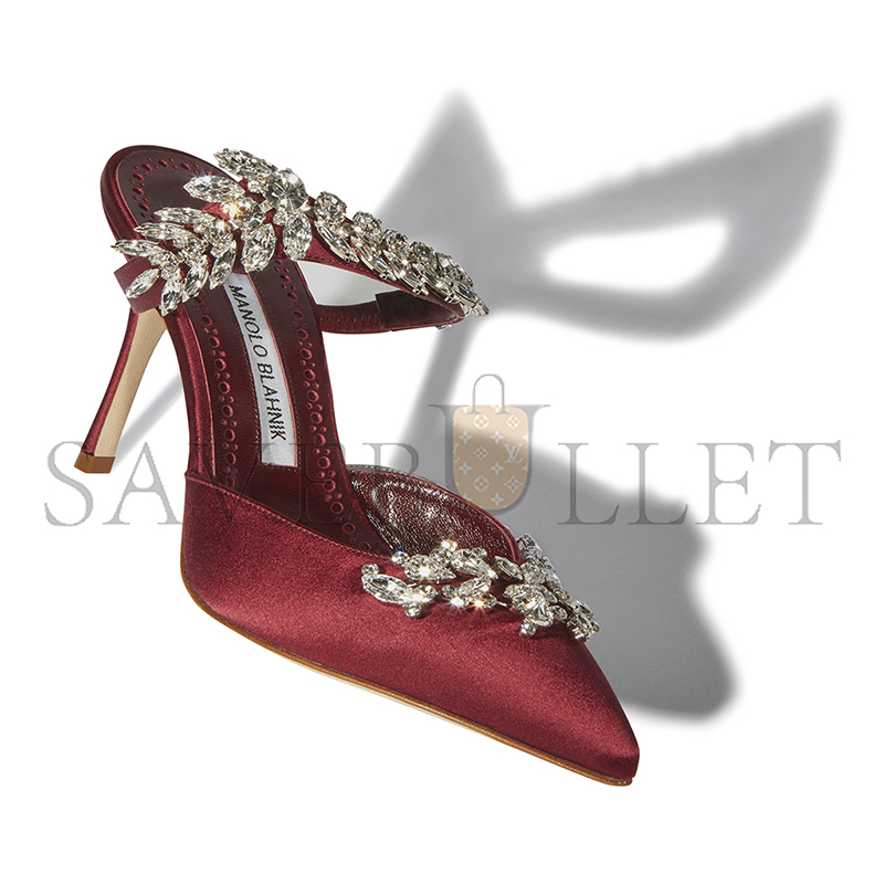 MANOLO BLAHNIK LURUMUS BURGUNDY SATIN CRYSTAL EMBELLISHED MULES 9XX-0362-0038 MANOLO BLAHNIK LURUMUS BURGUNDY SATIN CRYSTAL EMBELLISHED MULES 9XX-0362-0038