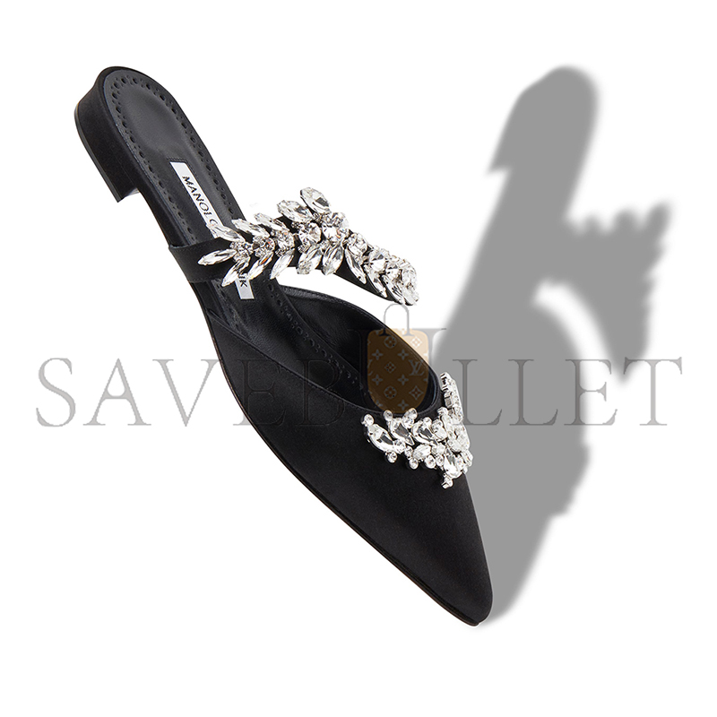 MANOLO BLAHNIK LURUMFLATUS BLACK SATIN CRYSTAL EMBELLISHED FLAT MULES 122-1947-0007 MANOLO BLAHNIK LURUMFLATUS BLACK SATIN CRYSTAL EMBELLISHED FLAT MULES 122-1947-0007
