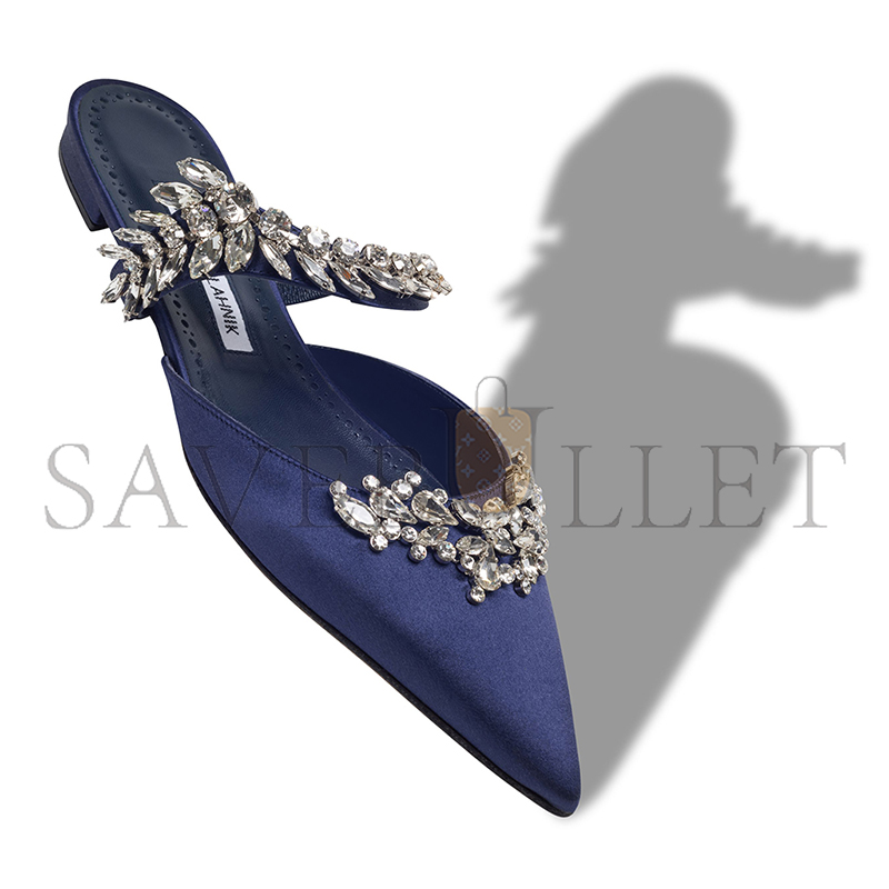 MANOLO BLAHNIK LURUMFLATUS NAVY BLUE SATIN CRYSTAL EMBELLISHED FLAT MULES 122-1947-0006 MANOLO BLAHNIK LURUMFLATUS NAVY BLUE SATIN CRYSTAL EMBELLISHED FLAT MULES 122-1947-0006