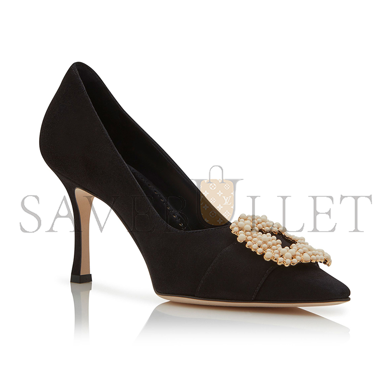 MANOLO BLAHNIK GIBOAUS BLACK SUEDE PEARL BUCKLE PUMPS 125-2895-0004 MANOLO BLAHNIK GIBOAUS BLACK SUEDE PEARL BUCKLE PUMPS 125-2895-0004