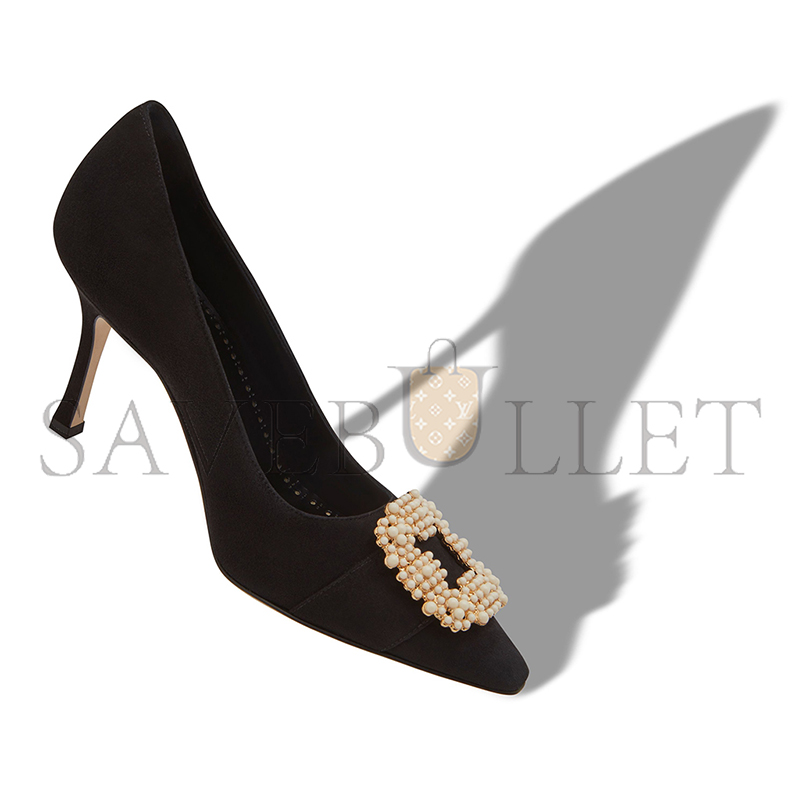 MANOLO BLAHNIK GIBOAUS BLACK SUEDE PEARL BUCKLE PUMPS 125-2895-0004 MANOLO BLAHNIK GIBOAUS BLACK SUEDE PEARL BUCKLE PUMPS 125-2895-0004