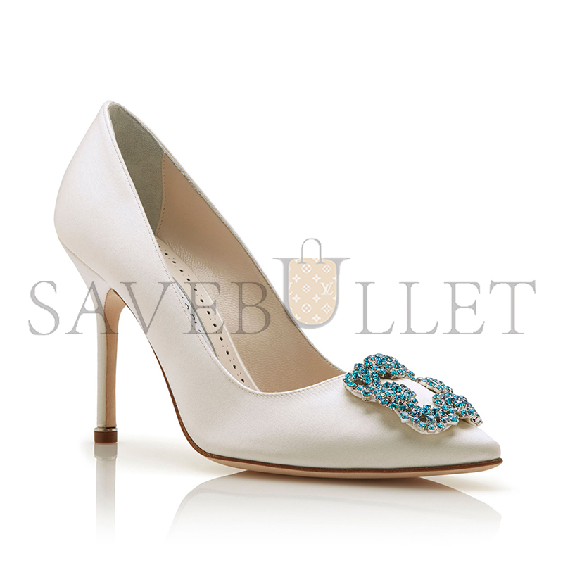 MANOLO BLAHNIK HANGISI BRIDE WHITE SATIN JEWEL BUCKLE PUMPS 9XX-0002-0002 MANOLO BLAHNIK HANGISI BRIDE WHITE SATIN JEWEL BUCKLE PUMPS 9XX-0002-0002
