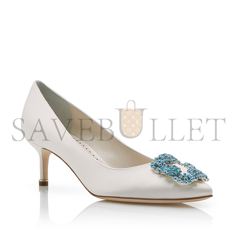 MANOLO BLAHNIK HANGISI BRIDE 50 WHITE SATIN JEWEL BUCKLE PUMPS 9XX-0001-0002 MANOLO BLAHNIK HANGISI BRIDE 50 WHITE SATIN JEWEL BUCKLE PUMPS 9XX-0001-0002