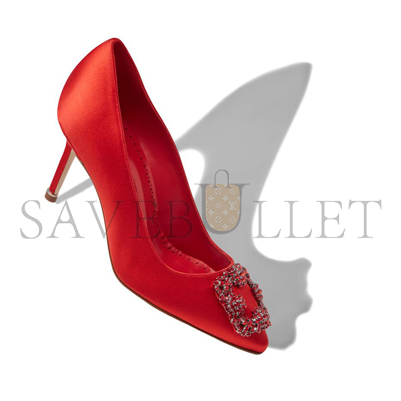 MANOLO BLAHNIK HANGISI RED 70 RED SATIN JEWEL BUCKLE PUMPS 422-1472-0001 MANOLO BLAHNIK HANGISI RED 70 RED SATIN JEWEL BUCKLE PUMPS 422-1472-0001