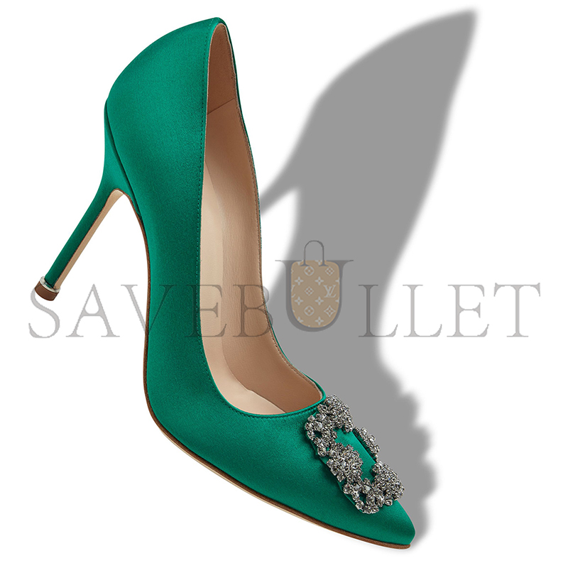 MANOLO BLAHNIK HANGISI GREEN SATIN JEWEL BUCKLE PUMPS 9XX-0664-0048 MANOLO BLAHNIK HANGISI GREEN SATIN JEWEL BUCKLE PUMPS 9XX-0664-0048