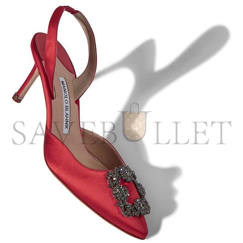 MANOLO BLAHNIK HANGISLI RED SATIN JEWEL BUCKLE SLINGBACK PUMPS 419-0473-0006 MANOLO BLAHNIK HANGISLI RED SATIN JEWEL BUCKLE SLINGBACK PUMPS 419-0473-0006