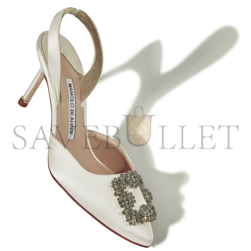 MANOLO BLAHNIK HANGISLI WHITE SATIN JEWEL BUCKLE SLINGBACK PUMPS 419-0473-0005 MANOLO BLAHNIK HANGISLI WHITE SATIN JEWEL BUCKLE SLINGBACK PUMPS 419-0473-0005