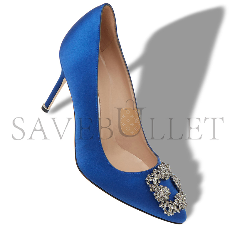 MANOLO BLAHNIK HANGISI 90 BLUE SATIN JEWEL BUCKLE PUMPS 9XX-0663-0048 MANOLO BLAHNIK HANGISI 90 BLUE SATIN JEWEL BUCKLE PUMPS 9XX-0663-0048