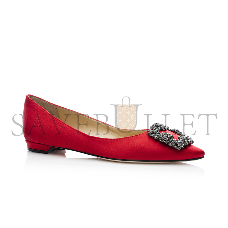 MANOLO BLAHNIK HANGISIFLAT RED SATIN JEWEL BUCKLE FLAT PUMPS 9XX-0348-0052 MANOLO BLAHNIK HANGISIFLAT RED SATIN JEWEL BUCKLE FLAT PUMPS 9XX-0348-0052