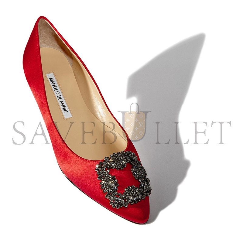 MANOLO BLAHNIK HANGISIFLAT RED SATIN JEWEL BUCKLE FLAT PUMPS 9XX-0348-0052 MANOLO BLAHNIK HANGISIFLAT RED SATIN JEWEL BUCKLE FLAT PUMPS 9XX-0348-0052