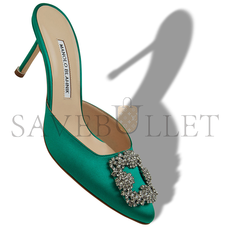 MANOLO BLAHNIK HANGISIMU GREEN SATIN JEWEL BUCKLE MULES 9XX-0726-0050 MANOLO BLAHNIK HANGISIMU GREEN SATIN JEWEL BUCKLE MULES 9XX-0726-0050