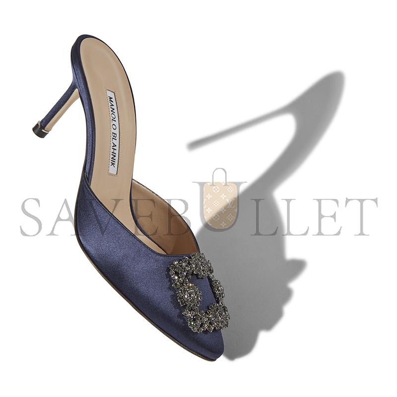 MANOLO BLAHNIK HANGISIMU NAVY BLUE SATIN JEWEL BUCKLE MULES 9XX-0726-0045 MANOLO BLAHNIK HANGISIMU NAVY BLUE SATIN JEWEL BUCKLE MULES 9XX-0726-0045
