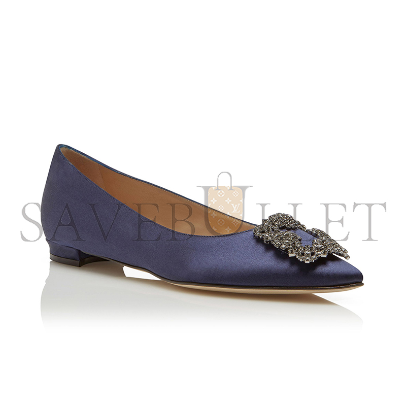 MANOLO BLAHNIK HANGISIFLAT NAVY SATIN JEWEL BUCKLE FLAT PUMPS 9XX-0348-0033 MANOLO BLAHNIK HANGISIFLAT NAVY SATIN JEWEL BUCKLE FLAT PUMPS 9XX-0348-0033