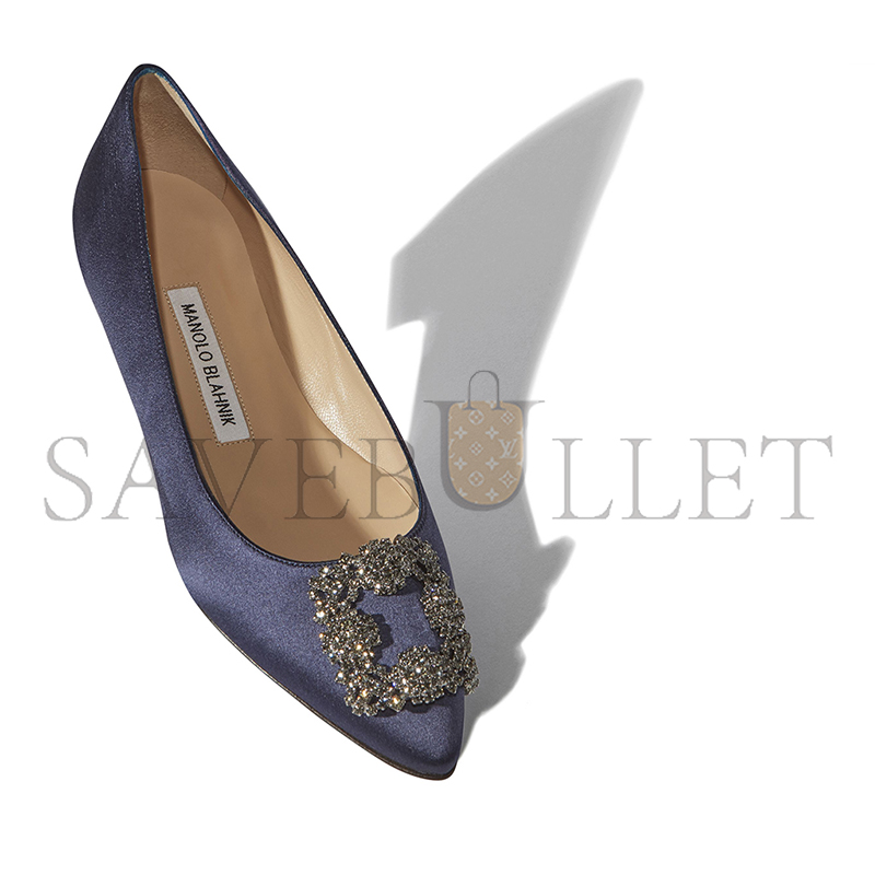 MANOLO BLAHNIK HANGISIFLAT NAVY SATIN JEWEL BUCKLE FLAT PUMPS 9XX-0348-0033 MANOLO BLAHNIK HANGISIFLAT NAVY SATIN JEWEL BUCKLE FLAT PUMPS 9XX-0348-0033