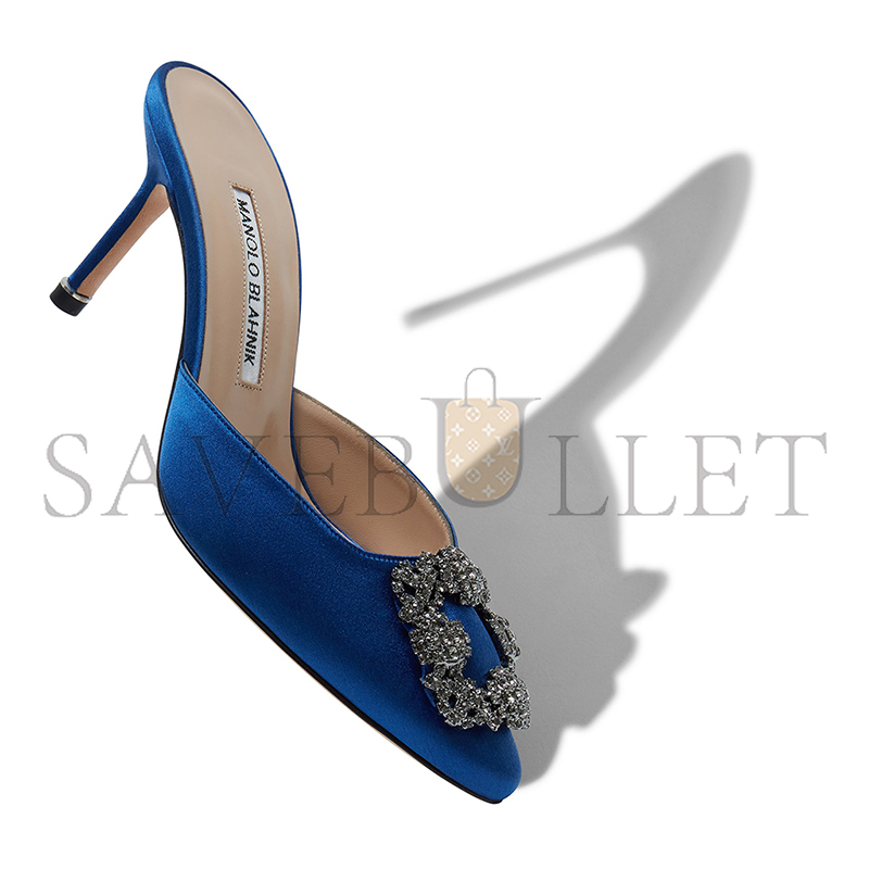 MANOLO BLAHNIK HANGISIMU BLUE SATIN JEWEL BUCKLE MULES 9XX-0726-0029 MANOLO BLAHNIK HANGISIMU BLUE SATIN JEWEL BUCKLE MULES 9XX-0726-0029
