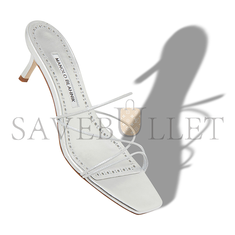 MANOLO BLAHNIK NINFEMU SILVER NAPPA LEATHER OPEN TOE MULES 224-1685-0002 MANOLO BLAHNIK NINFEMU SILVER NAPPA LEATHER OPEN TOE MULES 224-1685-0002