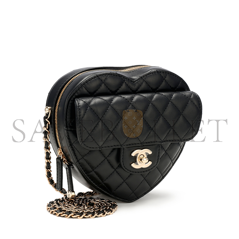 CHANEL BLACK QUILTED LAMBSKIN CC IN LOVE HEART BAG GOLD HARDWARE AS3191 (18*16.5x*6.5cm)