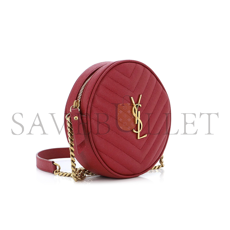 YSL VINYLE ROUND CAMERA BAG IN CHEVRON-QUILTED GRAIN DE POUDRE EMBOSSED LEATHER 6104361GF076008 (17*17*5.5cm)