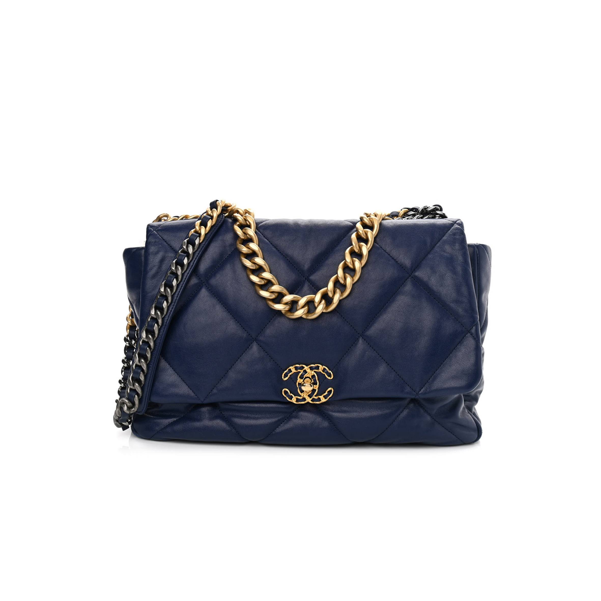 CHANEL GOATSKIN QUILTED MAXI CHANEL 19 FLAP BLUE GOLD HARDWARE (36*24*10cm) CHANEL GOATSKIN QUILTED MAXI CHANEL 19 FLAP BLUE GOLD HARDWARE (36*24*10cm)