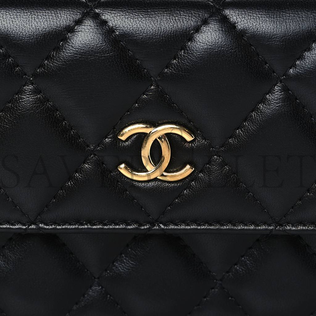 CHANEL LAMBSKIN RESIN QUILTED CLUTCH WITH CHAIN BLACK GOLD HARDWARE (15*10*5cm) CHANEL LAMBSKIN RESIN QUILTED CLUTCH WITH CHAIN BLACK GOLD HARDWARE (15*10*5cm)