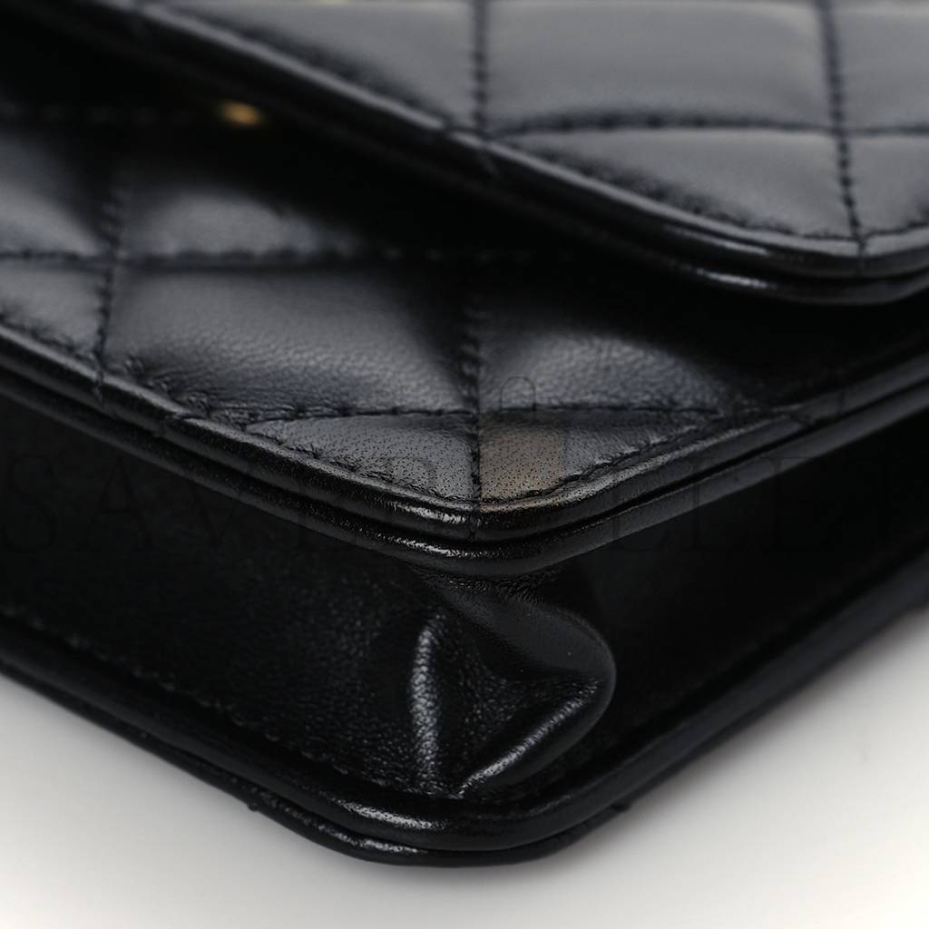 CHANEL LAMBSKIN RESIN QUILTED CLUTCH WITH CHAIN BLACK GOLD HARDWARE (15*10*5cm) CHANEL LAMBSKIN RESIN QUILTED CLUTCH WITH CHAIN BLACK GOLD HARDWARE (15*10*5cm)