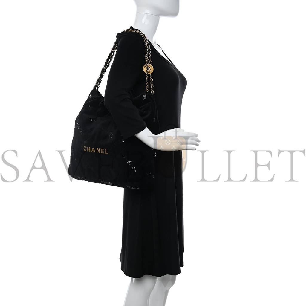 CHANEL VELVET SEQUIN QUILTED CHANEL 22 BLACK GOLD HARDWARE (37*35*7cm) CHANEL VELVET SEQUIN QUILTED CHANEL 22 BLACK GOLD HARDWARE (37*35*7cm)