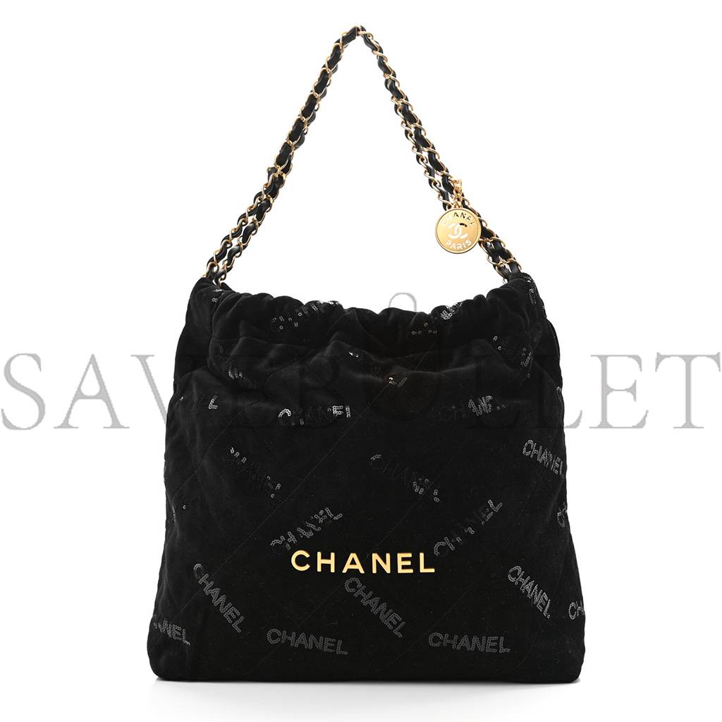 CHANEL VELVET SEQUIN QUILTED CHANEL 22 BLACK GOLD HARDWARE (37*35*7cm) CHANEL VELVET SEQUIN QUILTED CHANEL 22 BLACK GOLD HARDWARE (37*35*7cm)