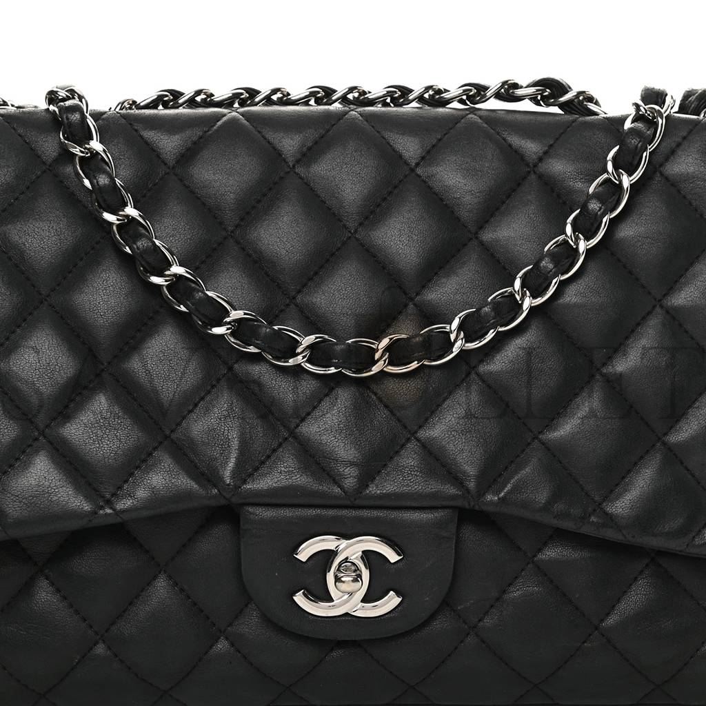 CHANEL LAMBSKIN QUILTED JUMBO SINGLE FLAP BLACK SILVER HARDWARE (30*20*9cm) CHANEL LAMBSKIN QUILTED JUMBO SINGLE FLAP BLACK SILVER HARDWARE (30*20*9cm)