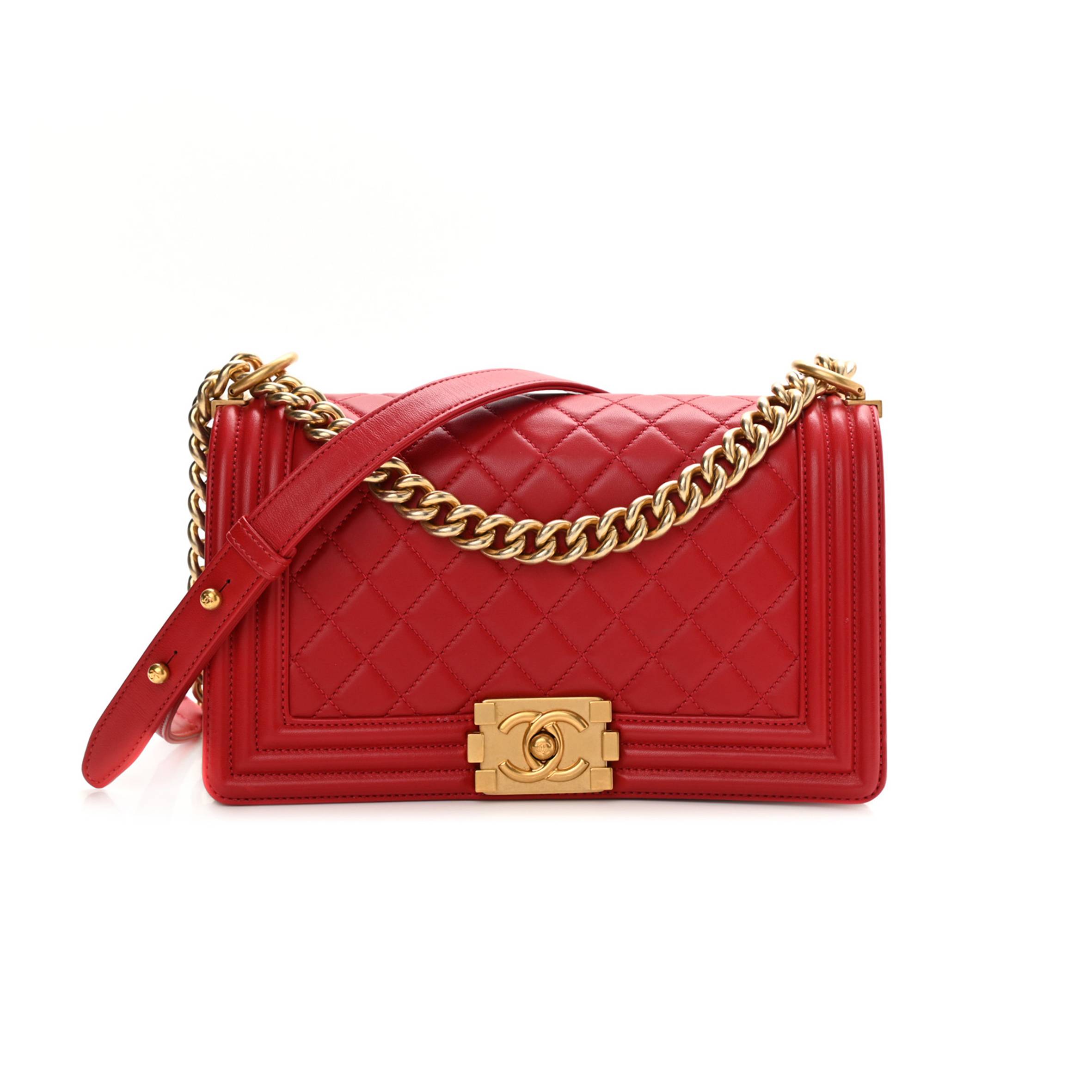 CHANEL LAMBSKIN QUILTED MEDIUM BOY FLAP RED GOLD HARDWARE (25*15*8cm) CHANEL LAMBSKIN QUILTED MEDIUM BOY FLAP RED GOLD HARDWARE (25*15*8cm)