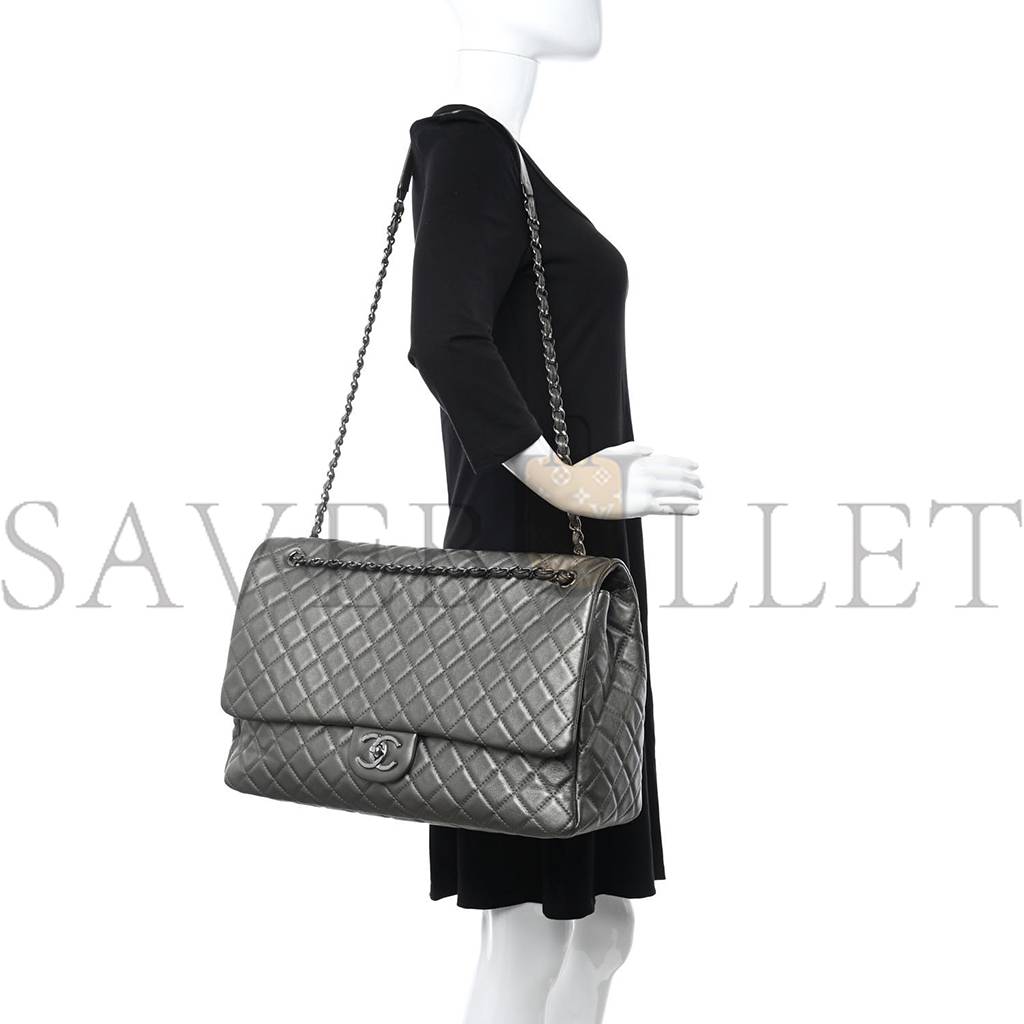CHANEL CALFSKIN QUILTED XXL TRAVEL FLAP BAG KHAKI SILVER HARDWARE (46*28*14cm) CHANEL CALFSKIN QUILTED XXL TRAVEL FLAP BAG KHAKI SILVER HARDWARE (46*28*14cm)