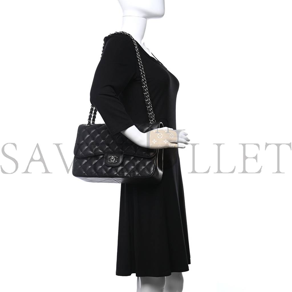 CHANEL CAVIAR QUILTED JUMBO DOUBLE FLAP BLACK SILVER HARDWARE (30*20*9cm) CHANEL CAVIAR QUILTED JUMBO DOUBLE FLAP BLACK SILVER HARDWARE (30*20*9cm)