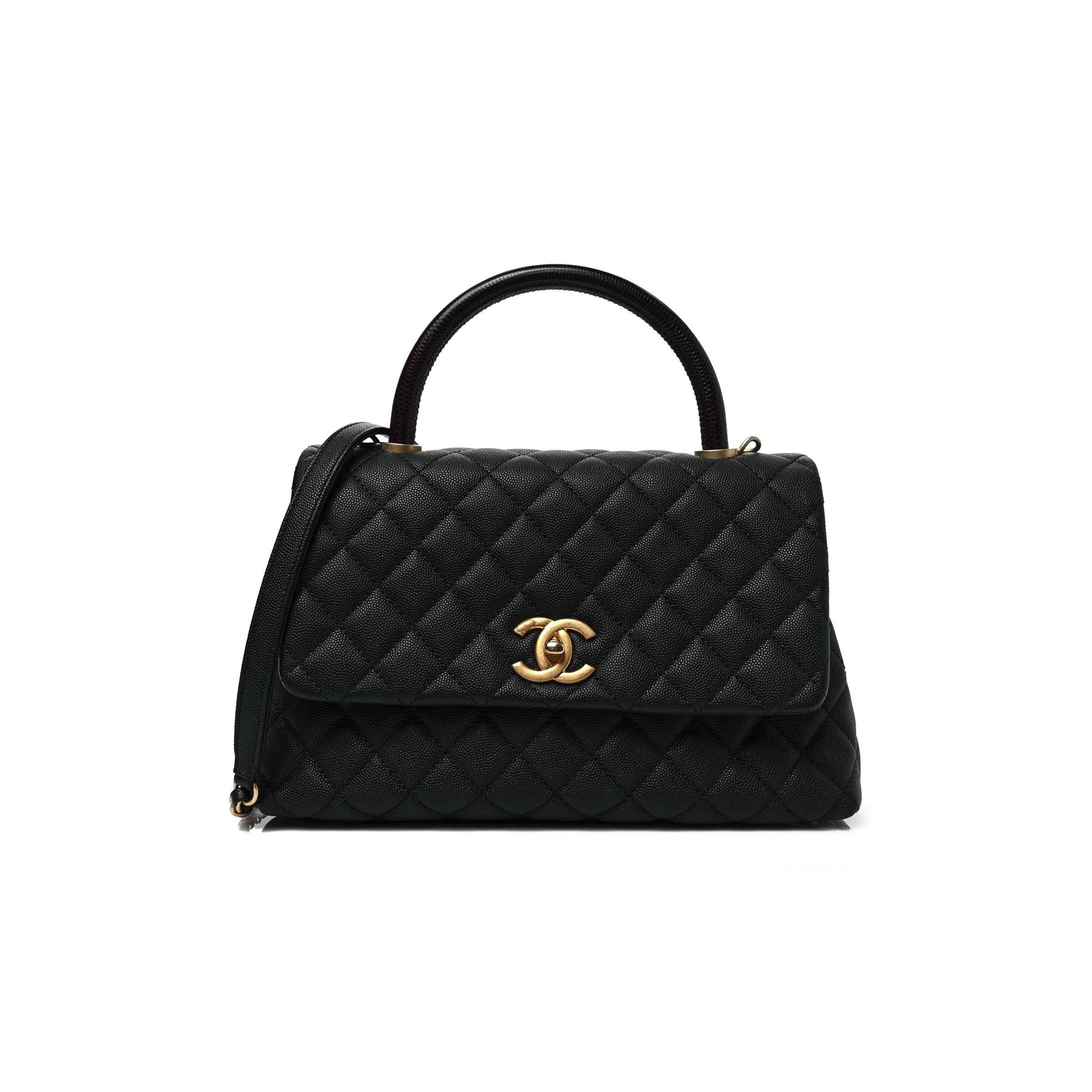 CHANEL CAVIAR LIZARD EMBOSSED QUILTED SMALL COCO HANDLE FLAP BLACK GOLD HARDWARE (29*18*11cm) CHANEL CAVIAR LIZARD EMBOSSED QUILTED SMALL COCO HANDLE FLAP BLACK GOLD HARDWARE (29*18*11cm)