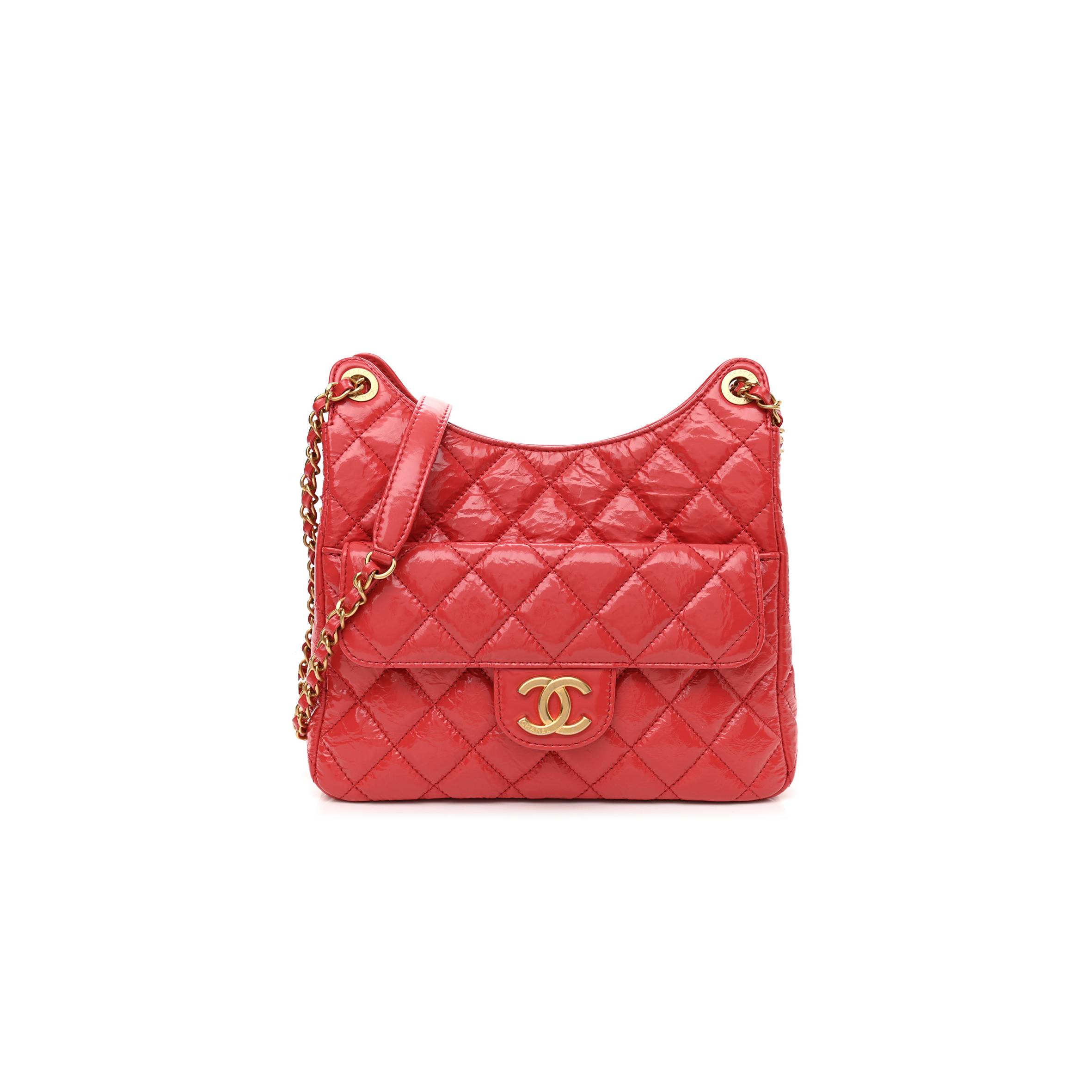 CHANEL SHINY CRUMPLED CALFSKIN QUILTED SMALL HOBO RED GOLD HARDWARE (22*17*7cm) CHANEL SHINY CRUMPLED CALFSKIN QUILTED SMALL HOBO RED GOLD HARDWARE (22*17*7cm)