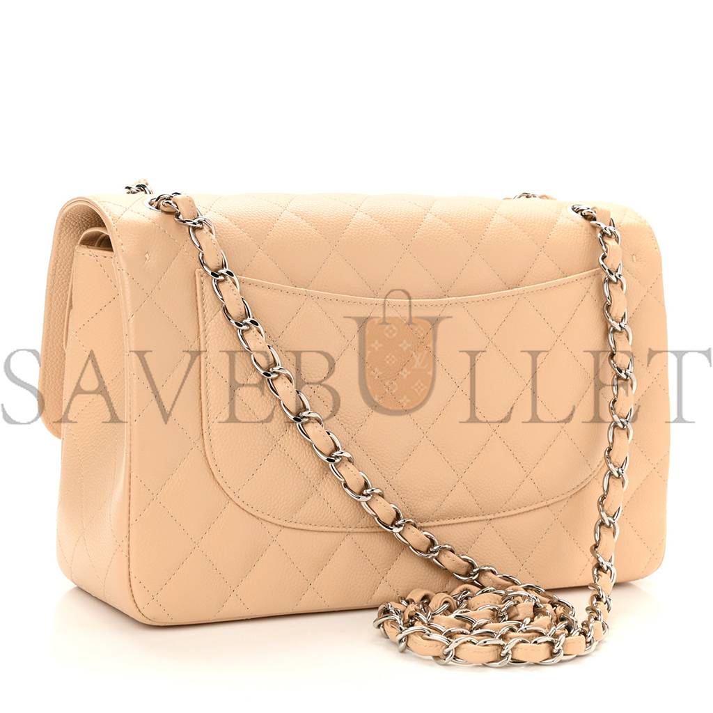 CHANEL CAVIAR QUILTED JUMBO DOUBLE FLAP BEIGE SILVER HARDWARE (30*19*9cm) CHANEL CAVIAR QUILTED JUMBO DOUBLE FLAP BEIGE SILVER HARDWARE (30*19*9cm)