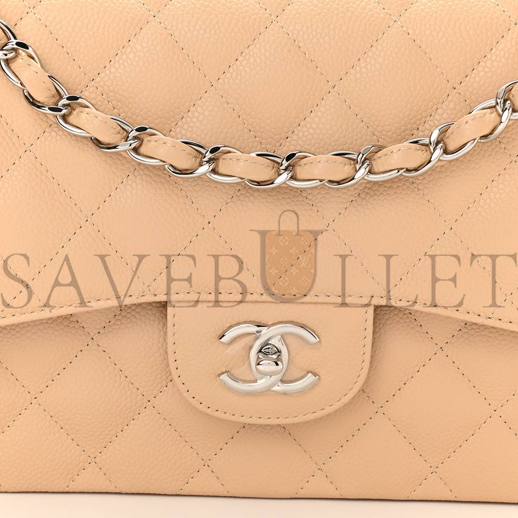 CHANEL CAVIAR QUILTED JUMBO DOUBLE FLAP BEIGE SILVER HARDWARE (30*19*9cm) CHANEL CAVIAR QUILTED JUMBO DOUBLE FLAP BEIGE SILVER HARDWARE (30*19*9cm)
