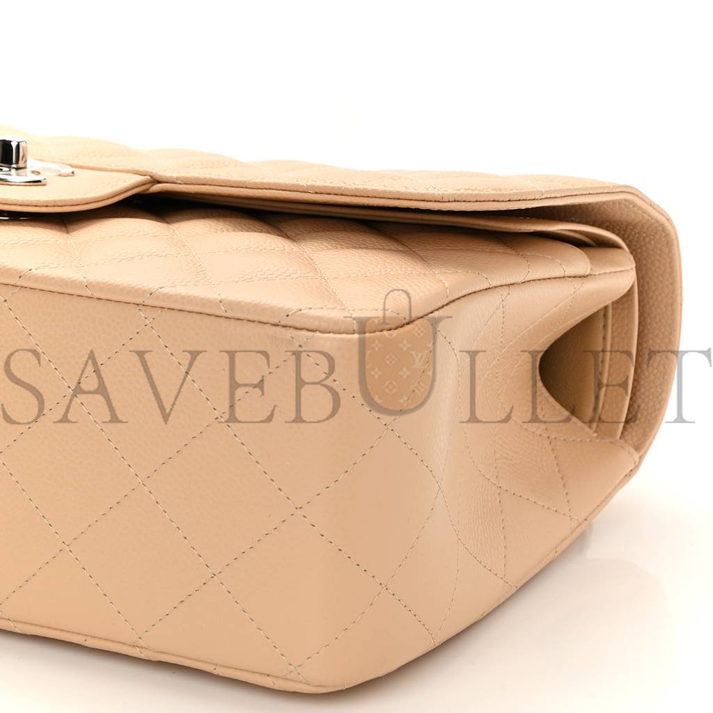 CHANEL CAVIAR QUILTED JUMBO DOUBLE FLAP BEIGE SILVER HARDWARE (30*19*9cm) CHANEL CAVIAR QUILTED JUMBO DOUBLE FLAP BEIGE SILVER HARDWARE (30*19*9cm)