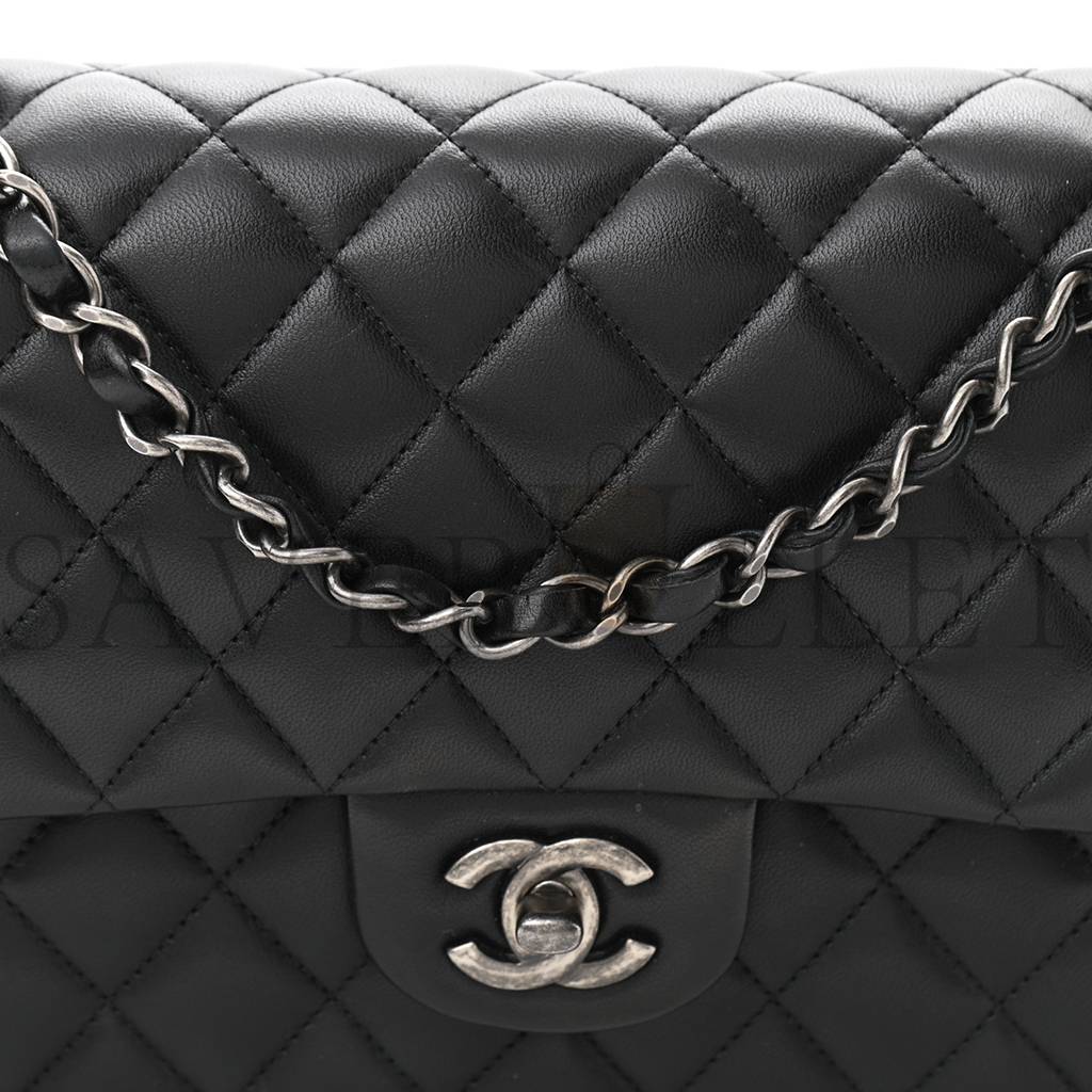 CHANEL LAMBSKIN QUILTED SMALL DOUBLE FLAP BLACK SILVER HARDWARE (25*15*6cm)