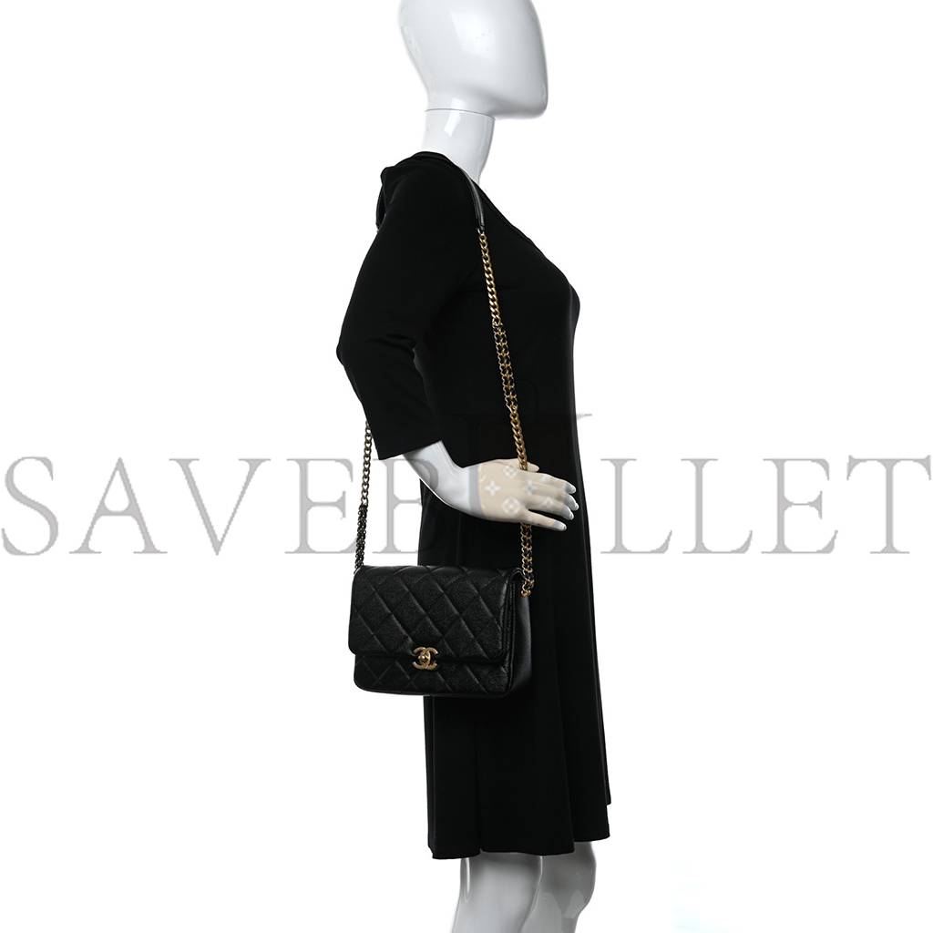 CHANEL SHINY CAVIAR QUILTED SMALL CHAIN MELODY FLAP BLACK GOLD HARDWARE (22*15*6cm) CHANEL SHINY CAVIAR QUILTED SMALL CHAIN MELODY FLAP BLACK GOLD HARDWARE (22*15*6cm)