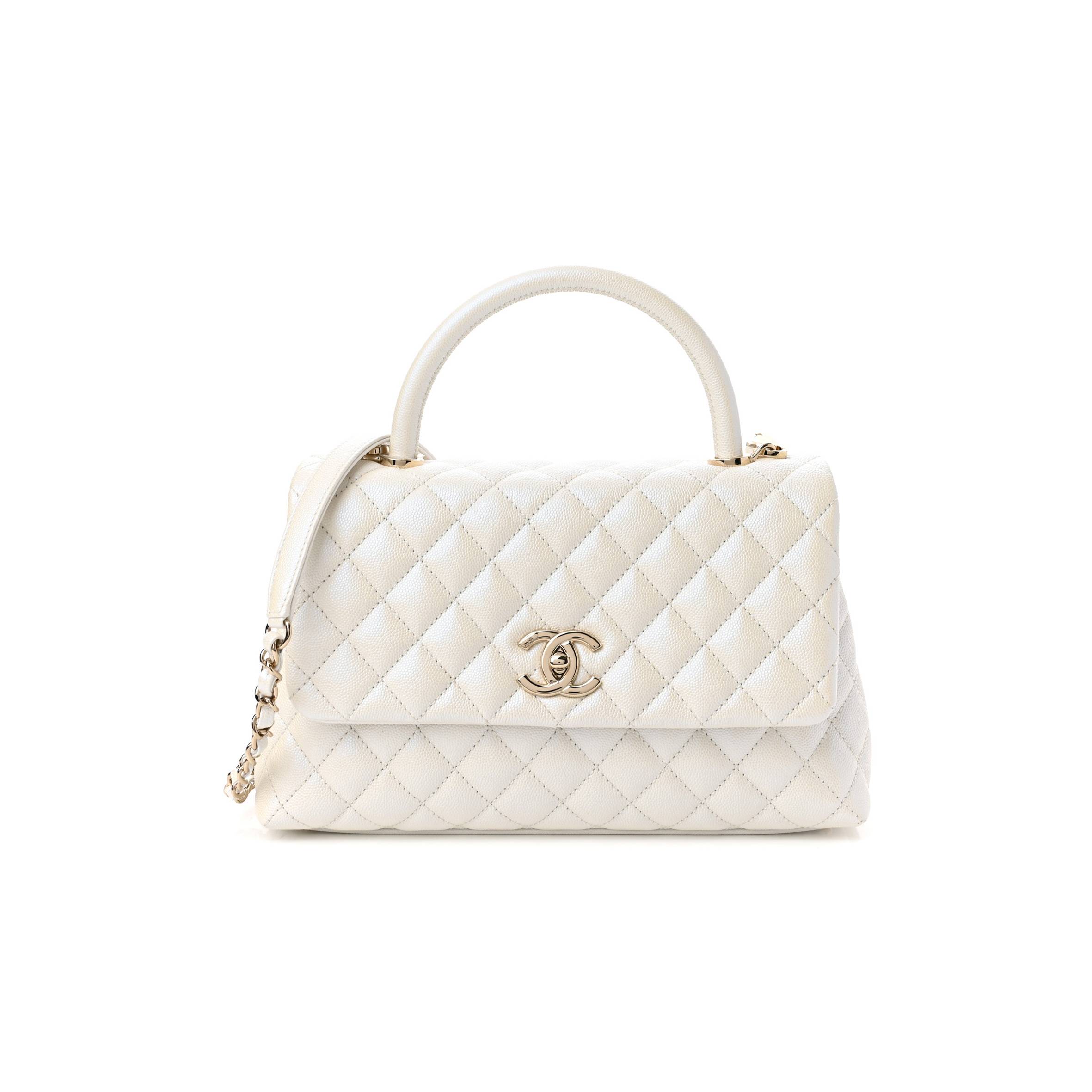 CHANEL IRIDESCENT CAVIAR QUILTED SMALL COCO HANDLE FLAP WHITE ROSE GOLD HARDWARE (28*17*11cm) CHANEL IRIDESCENT CAVIAR QUILTED SMALL COCO HANDLE FLAP WHITE ROSE GOLD HARDWARE (28*17*11cm)