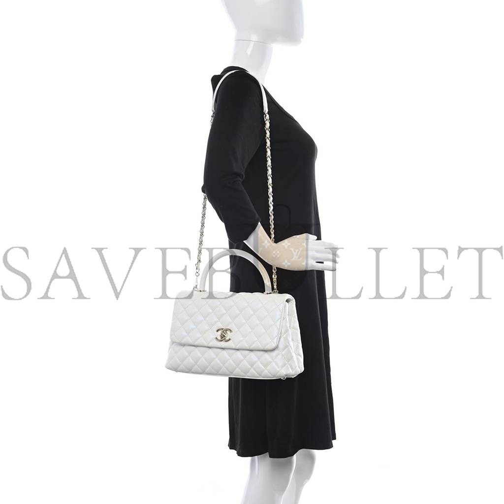 CHANEL IRIDESCENT CAVIAR QUILTED SMALL COCO HANDLE FLAP WHITE ROSE GOLD HARDWARE (28*17*11cm) CHANEL IRIDESCENT CAVIAR QUILTED SMALL COCO HANDLE FLAP WHITE ROSE GOLD HARDWARE (28*17*11cm)