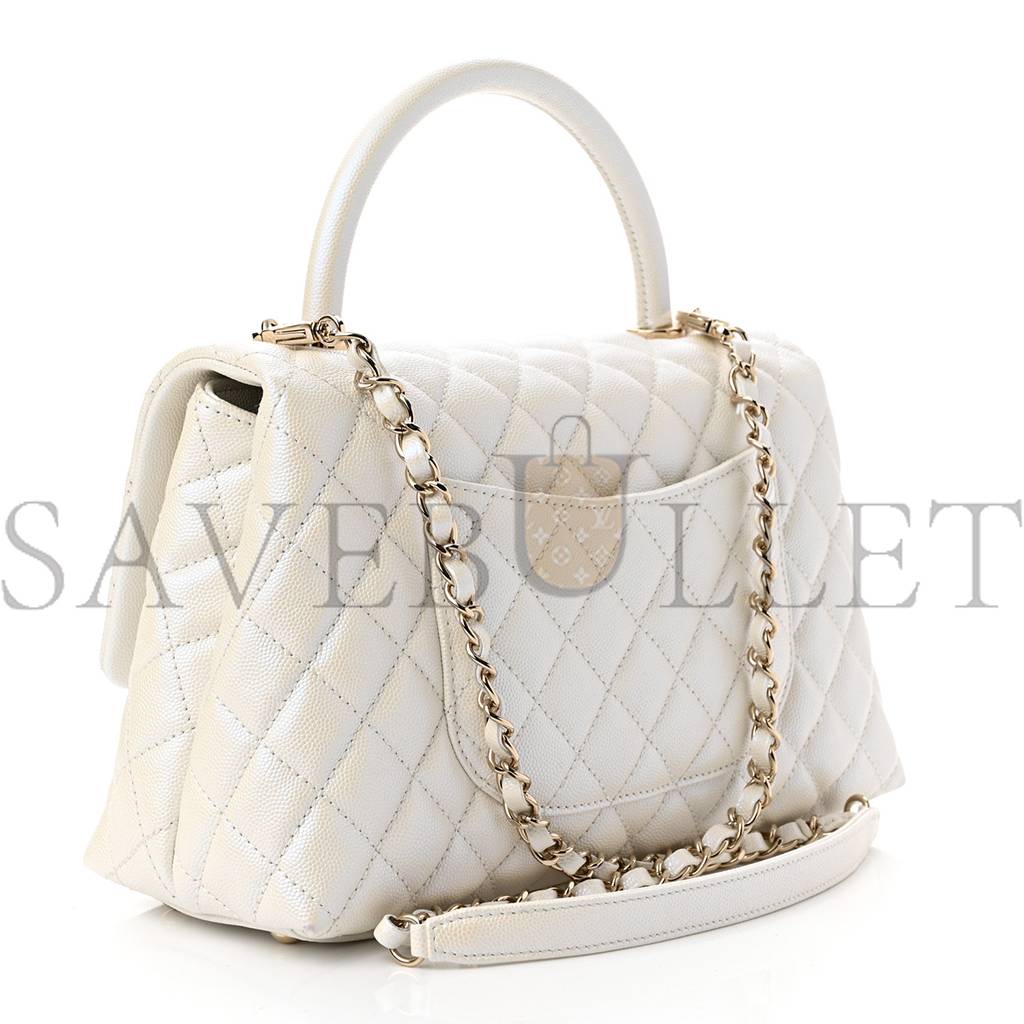 CHANEL IRIDESCENT CAVIAR QUILTED SMALL COCO HANDLE FLAP WHITE ROSE GOLD HARDWARE (28*17*11cm) CHANEL IRIDESCENT CAVIAR QUILTED SMALL COCO HANDLE FLAP WHITE ROSE GOLD HARDWARE (28*17*11cm)