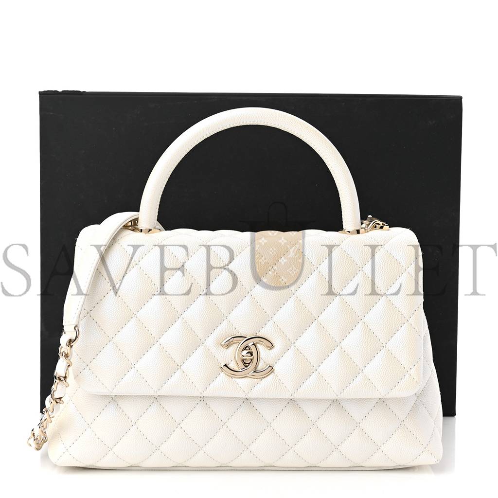 CHANEL IRIDESCENT CAVIAR QUILTED SMALL COCO HANDLE FLAP WHITE ROSE GOLD HARDWARE (28*17*11cm) CHANEL IRIDESCENT CAVIAR QUILTED SMALL COCO HANDLE FLAP WHITE ROSE GOLD HARDWARE (28*17*11cm)
