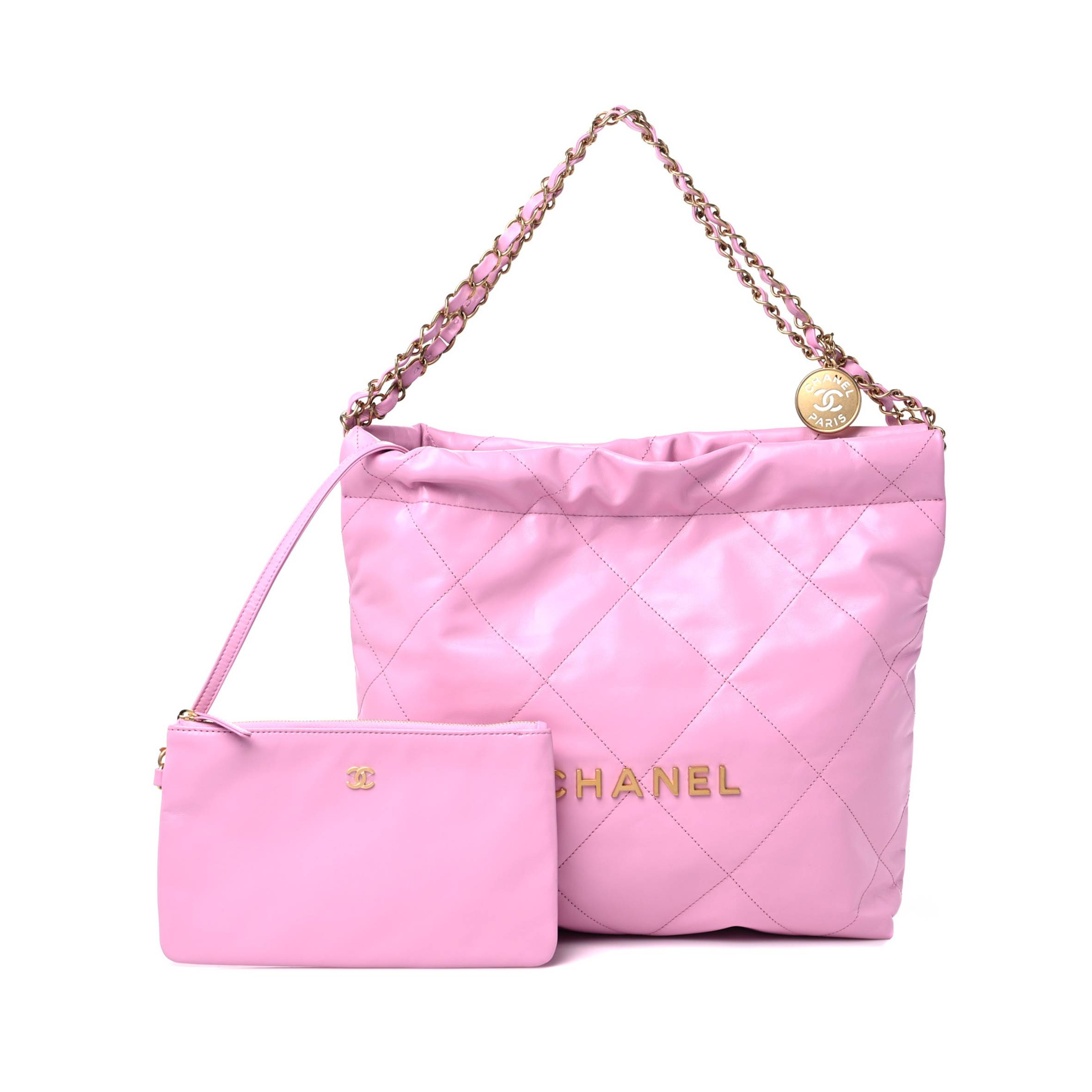 CHANEL SHINY CALFSKIN QUILTED SMALL CHANEL 22 PINK GOLD HARDWARE (37*35*7cm) CHANEL SHINY CALFSKIN QUILTED SMALL CHANEL 22 PINK GOLD HARDWARE (37*35*7cm)