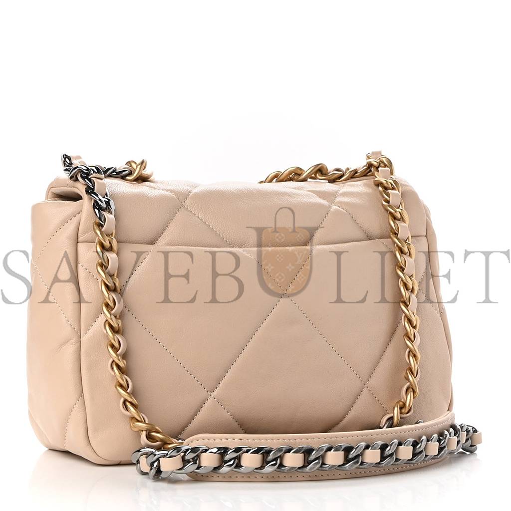 CHANEL GOATSKIN QUILTED MEDIUM CHANEL 19 FLAP LIGHT BEIGE GOLD HARDWARE (25*15*8cm) CHANEL GOATSKIN QUILTED MEDIUM CHANEL 19 FLAP LIGHT BEIGE GOLD HARDWARE (25*15*8cm)