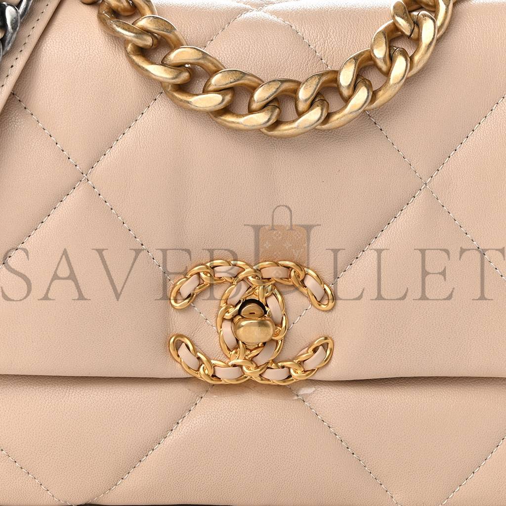 CHANEL GOATSKIN QUILTED MEDIUM CHANEL 19 FLAP LIGHT BEIGE GOLD HARDWARE (25*15*8cm) CHANEL GOATSKIN QUILTED MEDIUM CHANEL 19 FLAP LIGHT BEIGE GOLD HARDWARE (25*15*8cm)