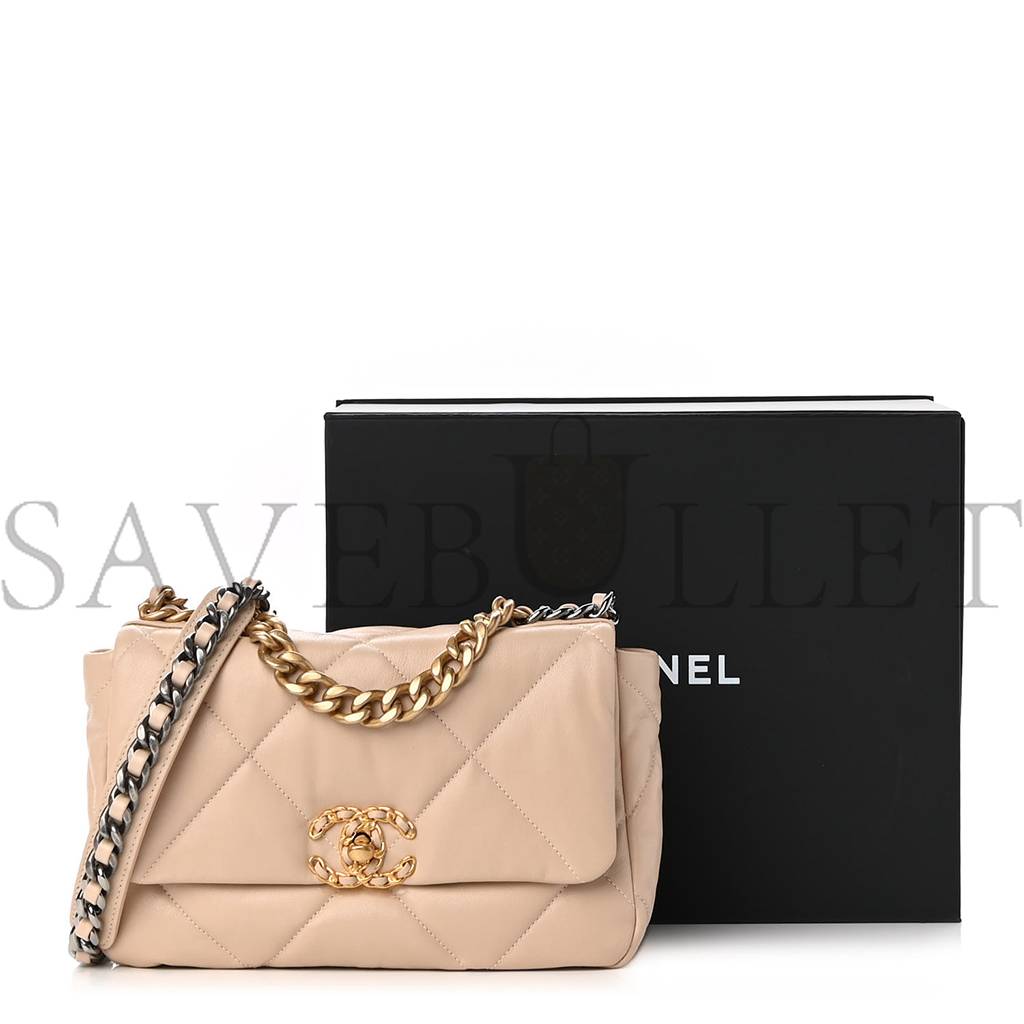 CHANEL GOATSKIN QUILTED MEDIUM CHANEL 19 FLAP LIGHT BEIGE GOLD HARDWARE (25*15*8cm) CHANEL GOATSKIN QUILTED MEDIUM CHANEL 19 FLAP LIGHT BEIGE GOLD HARDWARE (25*15*8cm)