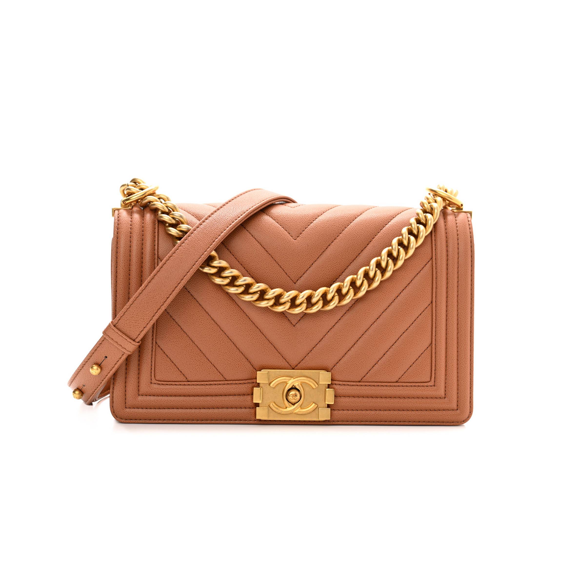 CHANEL CAVIAR CHEVRON QUILTED MEDIUM BOY FLAP BROWN GOLD HARDWARE (25*15*6cm) CHANEL CAVIAR CHEVRON QUILTED MEDIUM BOY FLAP BROWN GOLD HARDWARE (25*15*6cm)